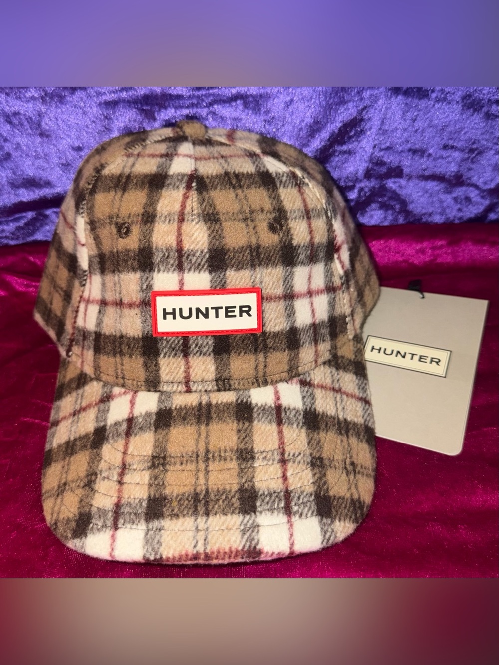 Hunter Plaid Fleece Cap in Brown, Cream and Black with Red Logo